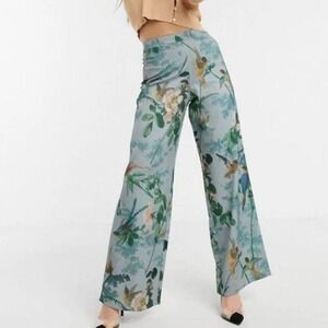 Hope & Ivy Bird Floral Print Wide Leg Pants High Rise Blue Size 16 NWT